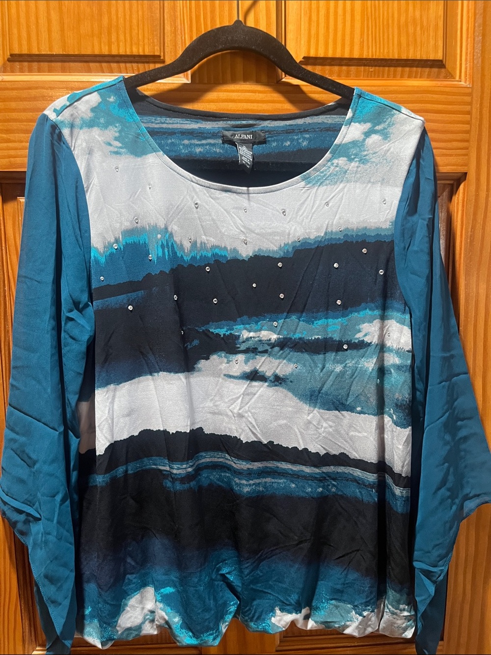 Alfani Teal, Navy & White Wave-Print Long Sleeve Top